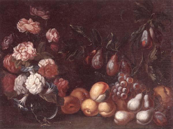 unknow artist Still life of Roses and convulvuli in a Glass vase,Together with peaches,grapes,pears and plums china oil painting image